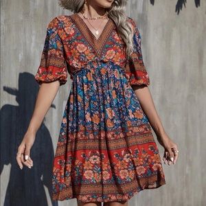 Boho red blue V neck puff sleeve mini dress